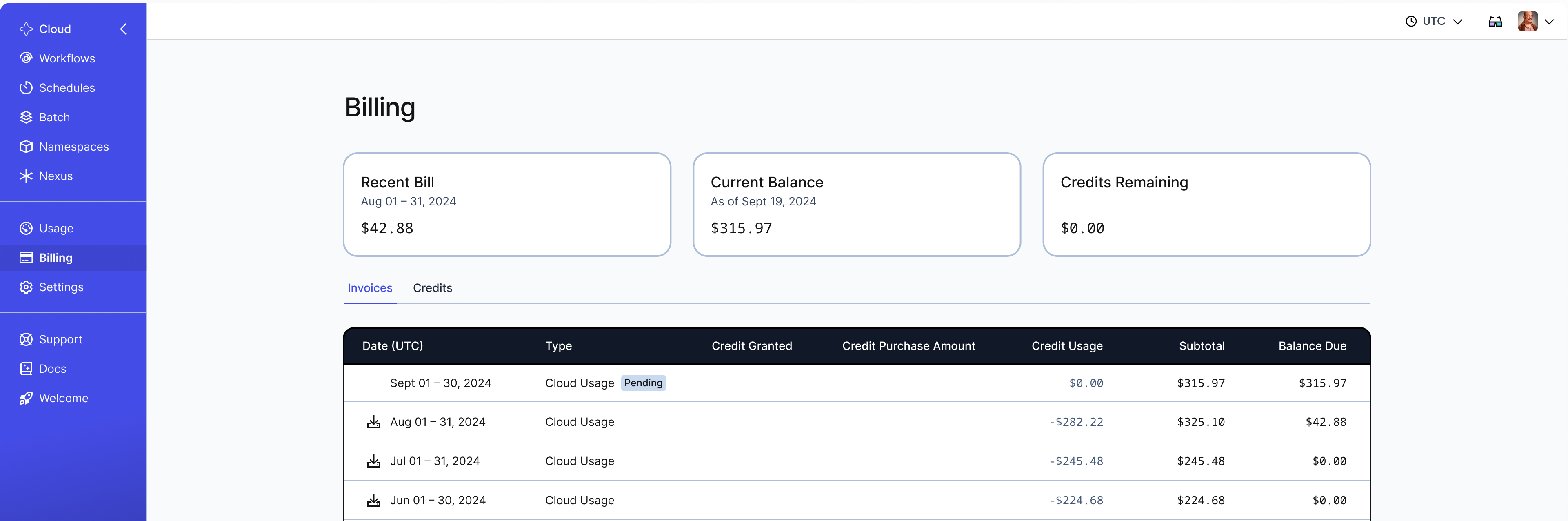 Billing page showing Invoices tab